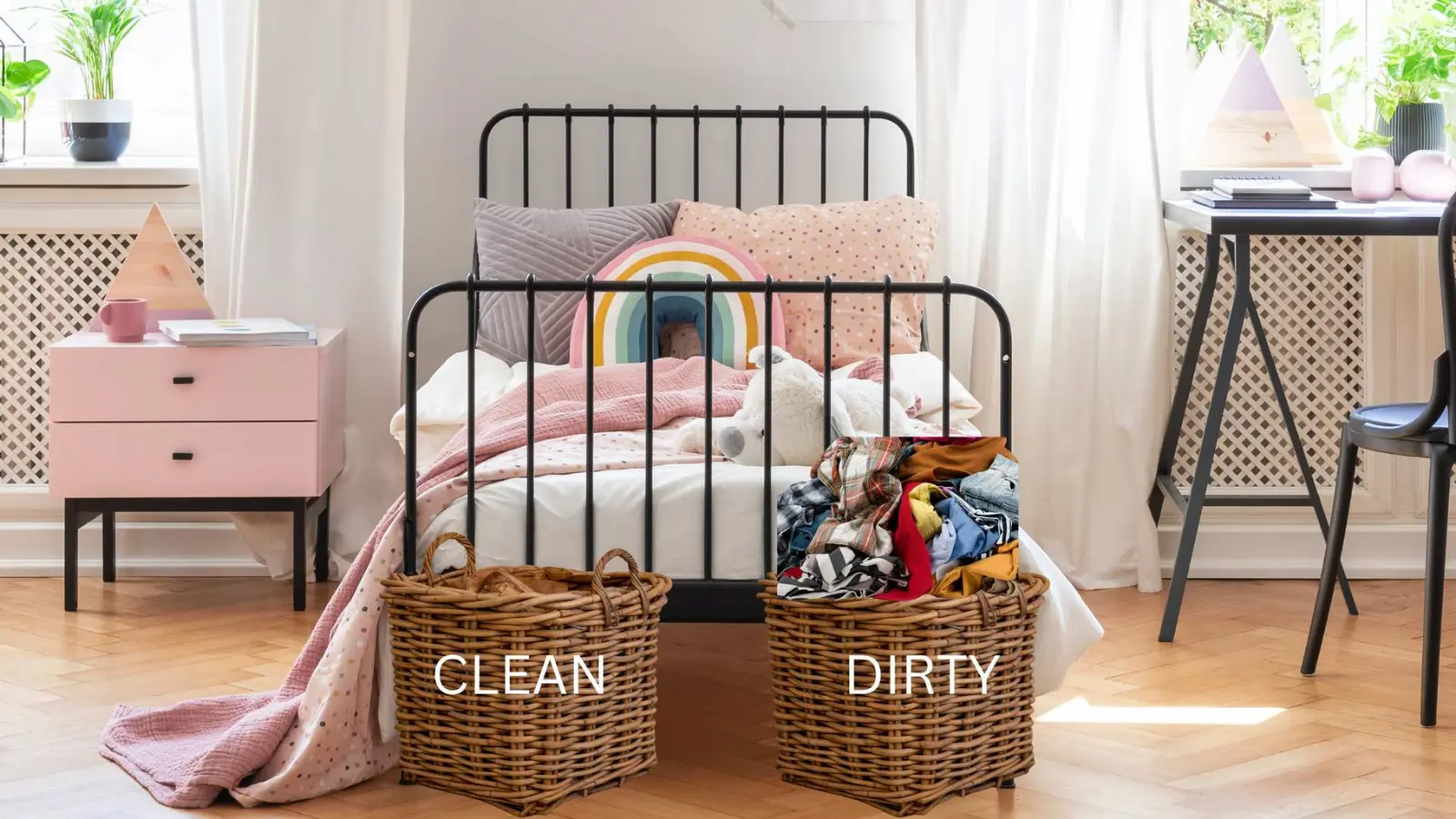 Clean and dirty laundry baskets in a child’s bedroom showing a simple laundry hack for busy mums